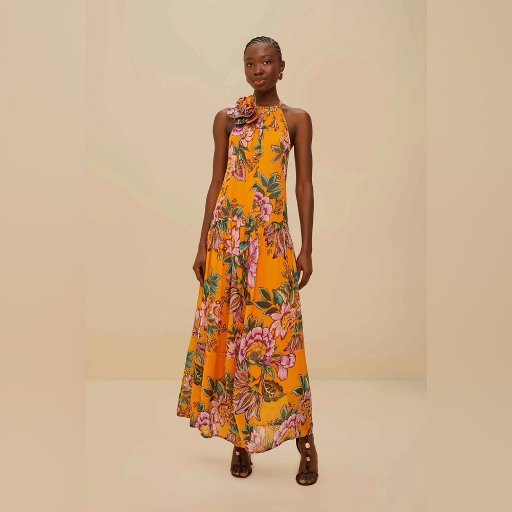 FARM RIO Orange Wonderful Bouquet Maxi Dress